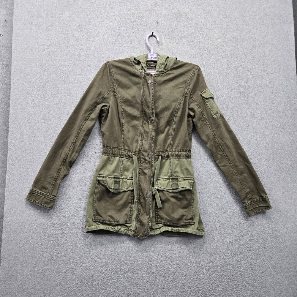 Hollister Women Jacket S Green Twill Utility Anorak Button Strap Slim Logo
